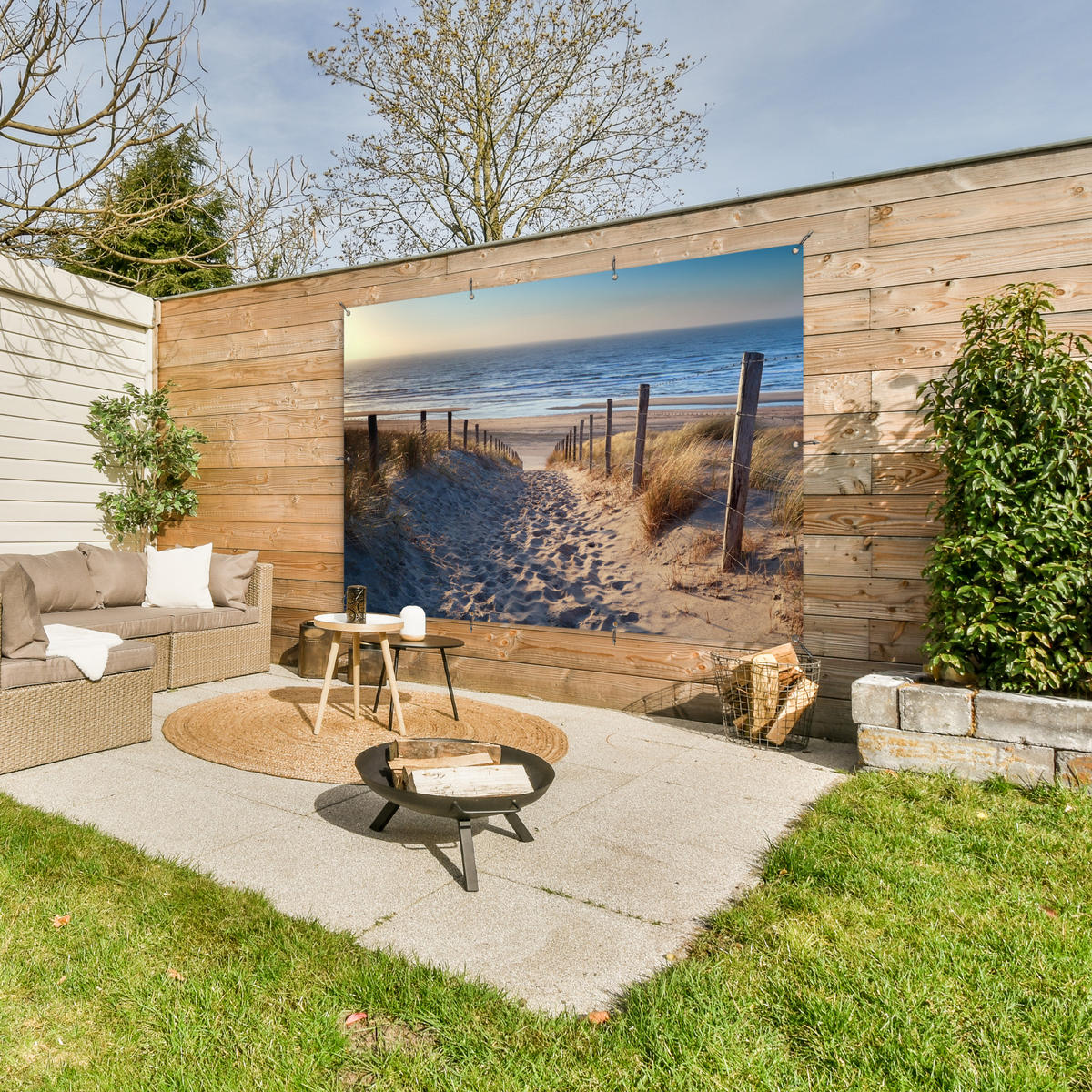 ZAHRADNÍ PLAKÁT Pláž - moře - Nizozemsko - duny - slunce 180x120 cm - písková barva, plast (180/120/0.2cm) - OnlyWow