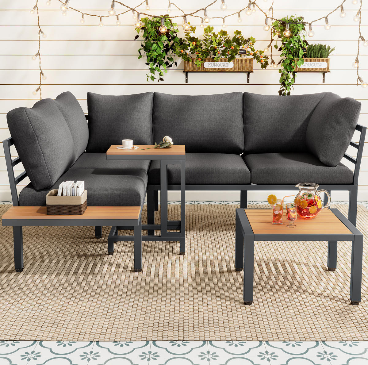 LOUNGEGARNITUR Grau/Schwarz aus Polyester und Stahl 3er Set - Grau, Metall - OKMYHOME