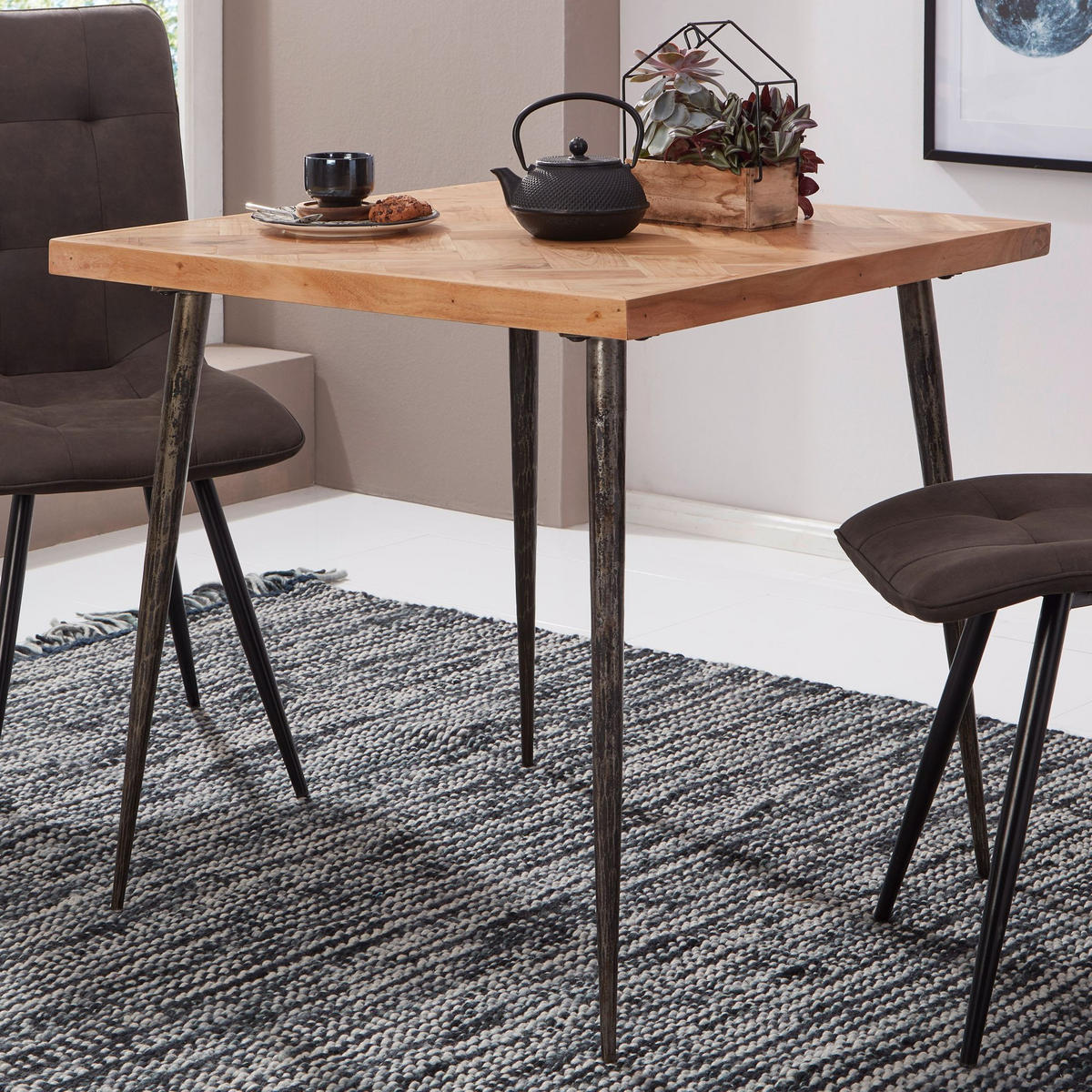ESSZIMMERTISCH – Akazie Fischgrätmuster Metallbeine 80x80 cm Industrial - Beige/Anthrazit, Holz/Metall (80/80/76cm) - KADIMA DESIGN