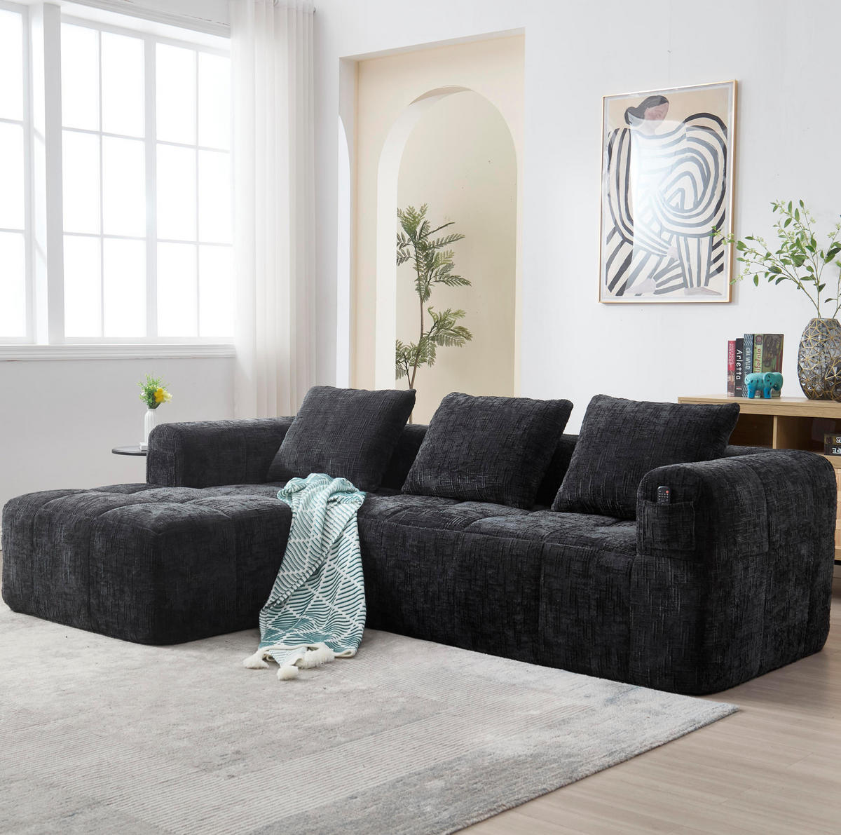 SOFA mit Chaiselongue 250 x 158 cm Chenille Black 3 Kissen - Schwarz, Textil (250/158cm) - IVMEU