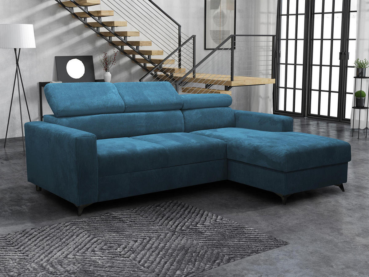 ECKSOFA Milano Premium Cord, Seite: Rechts 2R+LC - Blau/Schwarz, Holz/Textil (236/172cm) - MIRJAN24