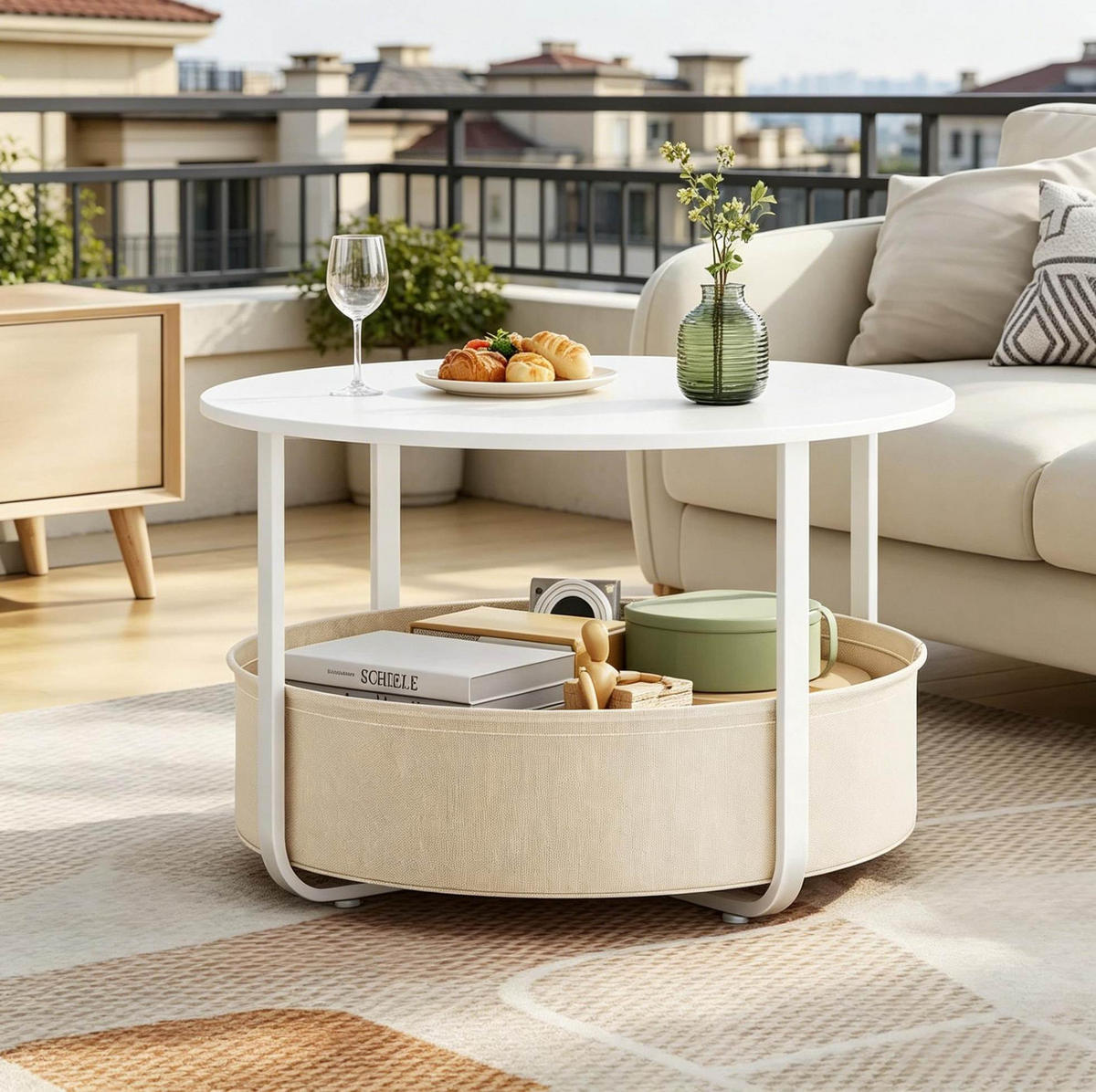 COUCHTISCH aus Metall und Spanplatte 80x80x50 cm Beige/Weiß mit Canvas-Korb - Beige, Textil (80/80/50cm) - IVMEU