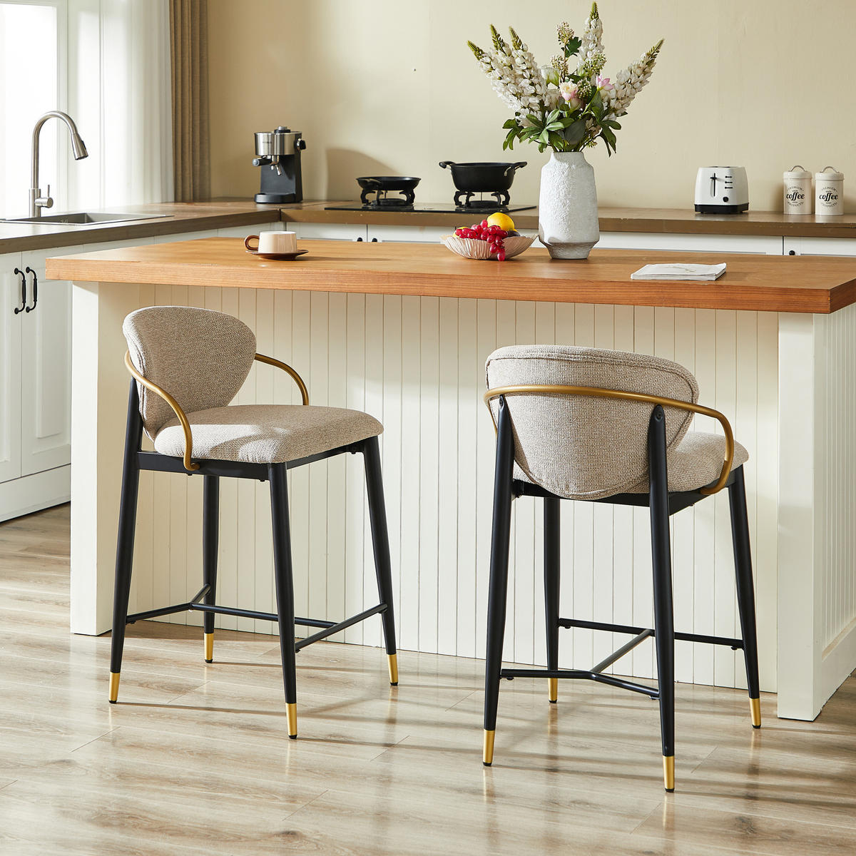 BARHOCKER 2er-Set mit Rückenlehne Chenille Hellbraun Schwarz-Gold - Hellbraun, Metall (52/87/57cm) - Meubliv