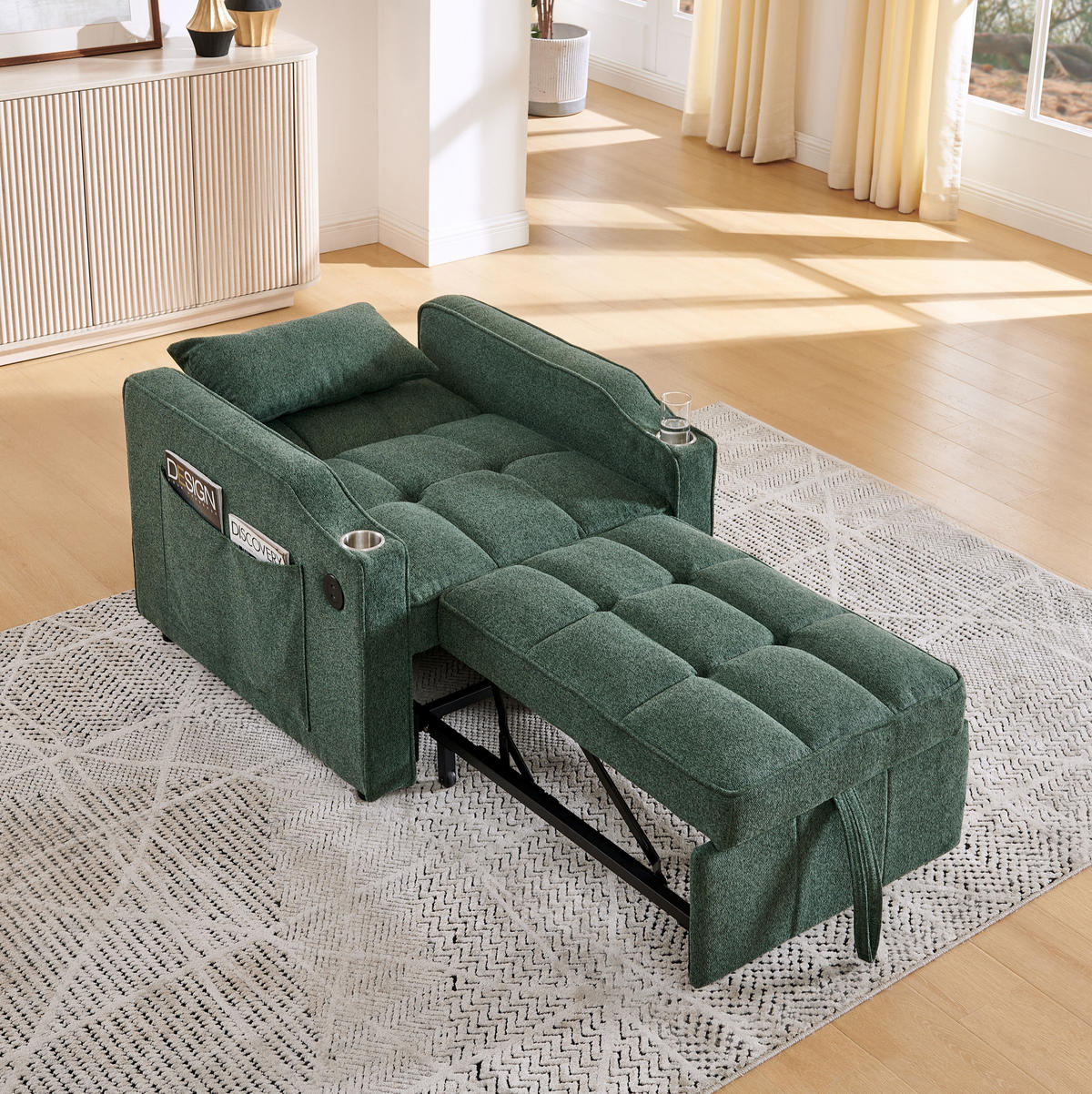 SCHLAFSESSEL 3-in-1 mit Liegefunktion 190 cm Stoff - Grün, Holz (85/86/190cm) - Meubliv