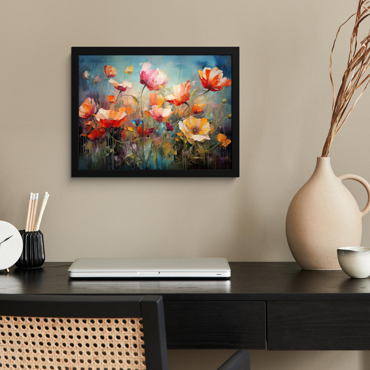 POSTER MIT RAHMEN Blumen - Aquarell - Kunst - Botanisch - Natur 40x30 cm - Orange, Papier (40/30cm) - MuchoWow