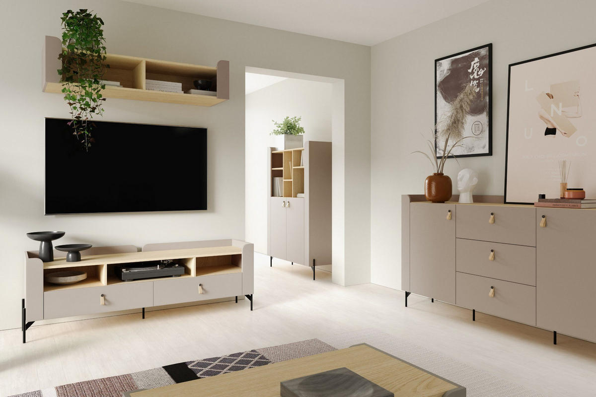 TV-LOWBOARD SOVI 08 195 / 55 / 42 cm in Porcini / Eiche Mavelie - Greige/Eichefarben, Holzwerkstoff (195/55/42cm) - Deine Möbel 24