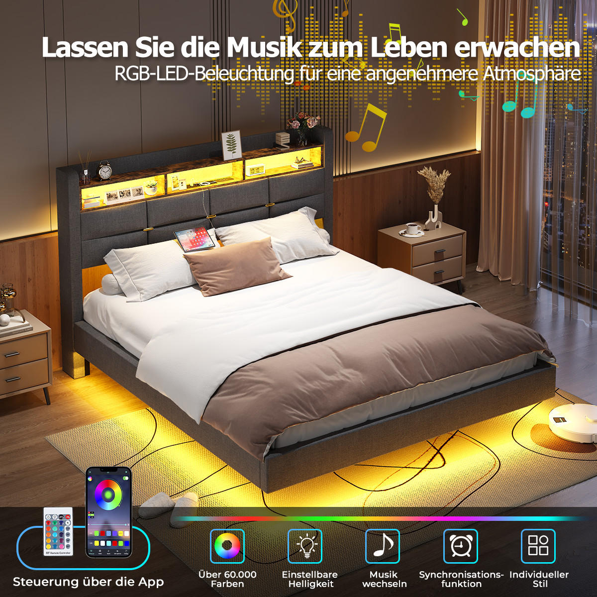 BETT 160x200 cm mit Boxspring, mit LED und USB, Schwebebett für 2 Personen, gepolstertes Kopfteil mit Stauraum, Grau - Grau, Metall
