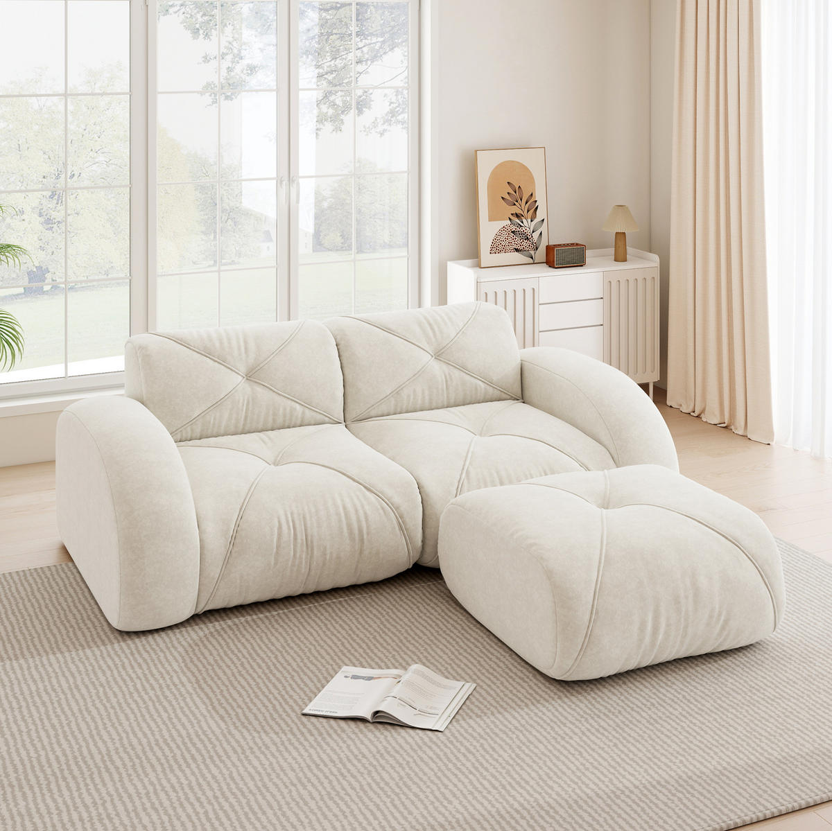 2-SITZER-MODULSOFA aus Chenille Hellbeige mit Hocker, rahmenlosem Design und 32D-Hochdichteschaum - Weiß, Textil (204/76/171cm) - Modfu