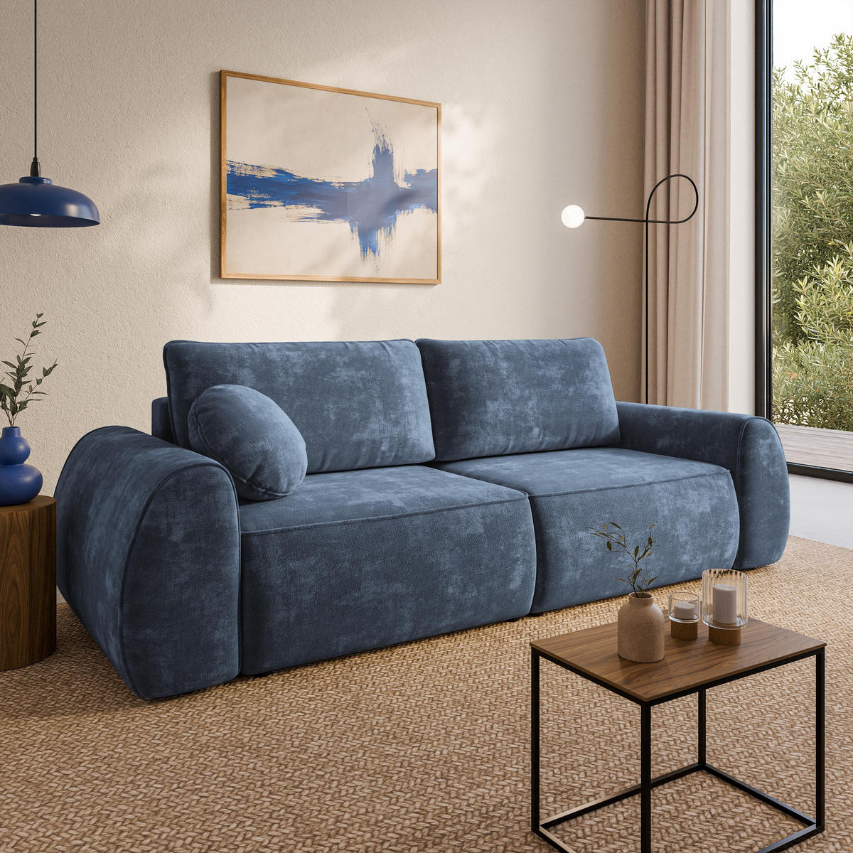 BETTSOFA ZEFEO Blau Chenille-Stoff mit Schlaffunktion - Blau, Textil (264/96/106cm) - MASSENO