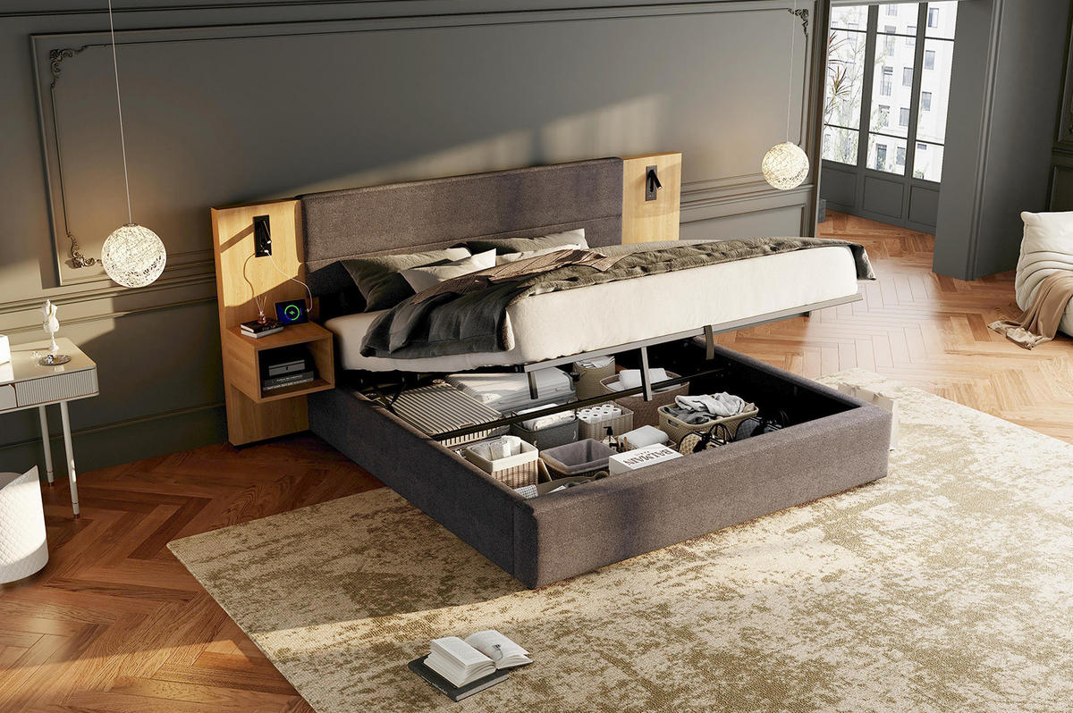 POLSTERBETT 180/200 cm Grau/Natur aus Samt mit Stauraum - Grau, Textil (180/200cm) - OKMYHOME