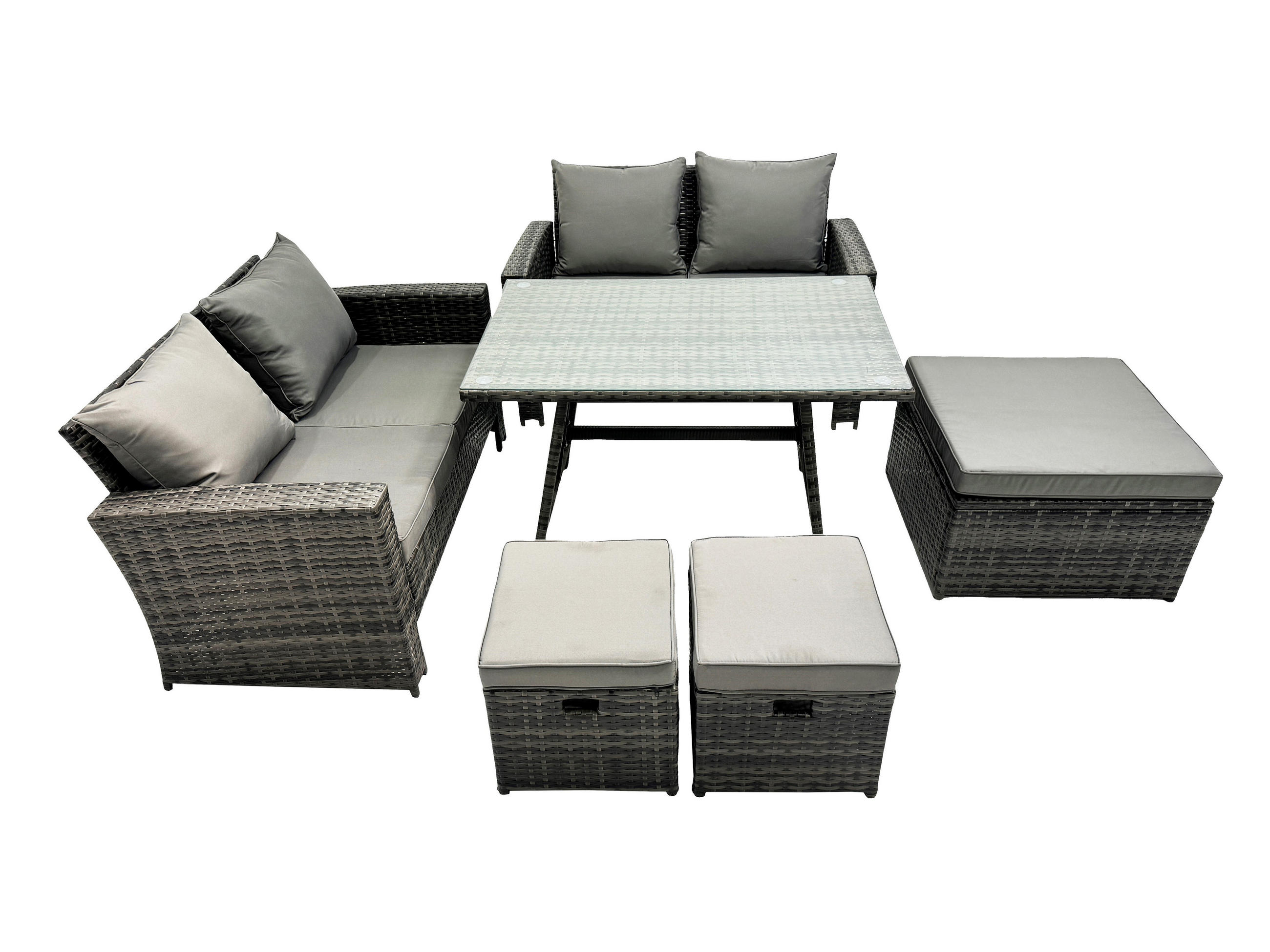 GARTENMÖBELSET mit ESSTISCH,HOCHLEHNER-SOFA Polyrattan Dunkelgrauer Mix 7-Sitzer - Dunkelgrau/Grau, Glas/Kunststoff - Fimous