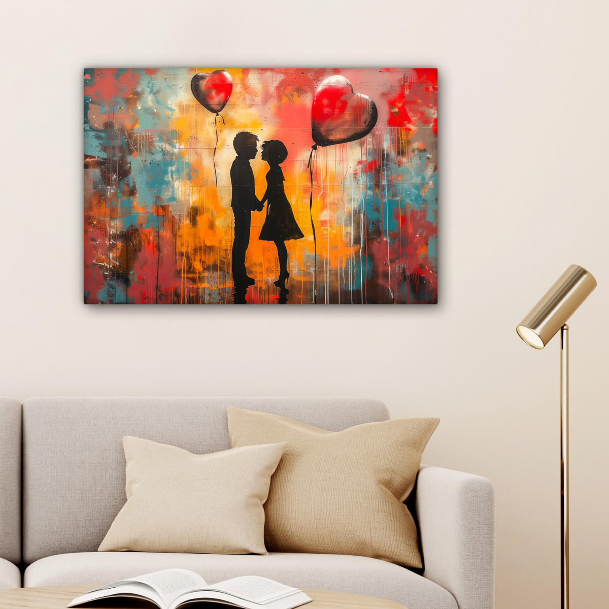 LEINWANDBILD Straßenkunst - Liebe - Graffiti - Kunst - Banksy Gemälde 60x40 cm - Orange, Textil (60/40cm) - MuchoWow