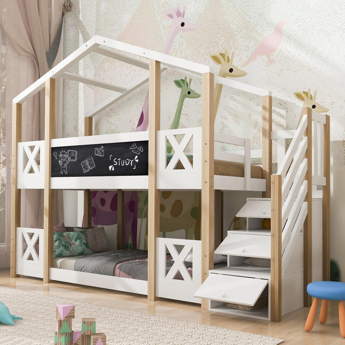 HAUSBETT 90/200 cm in Weiß/Natur mit Treppe, Stauraum und Tafel - Weiß, Holzwerkstoff (90/200cm) - BEAOK