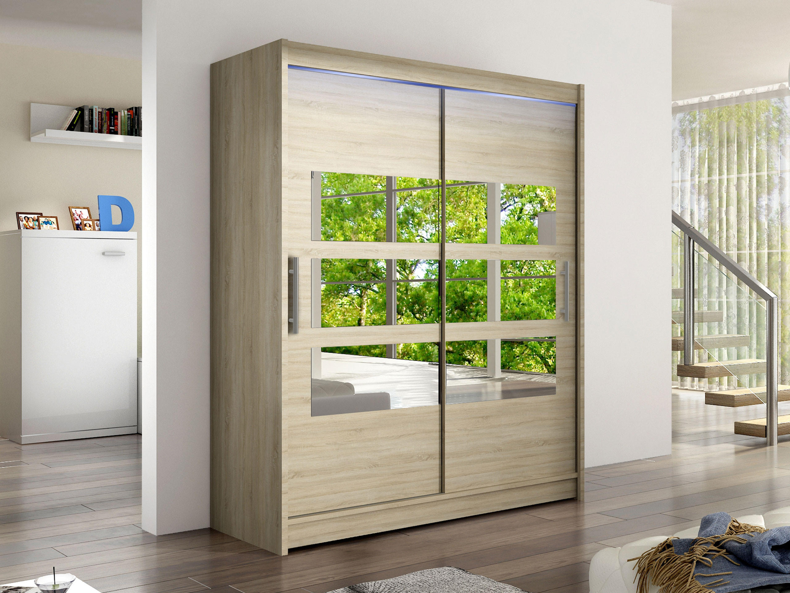 SCHWEBETÜRENSCHRANK Westa VII, mit RGB LED Beleuchtung - Silberfarben/Sonoma Eiche, Holzwerkstoff/Metall (150/200/58cm) - MIRJAN24