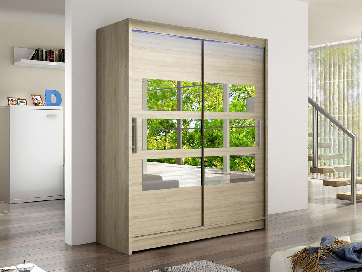 SCHWEBETÜRENSCHRANK Westa VII, mit RGB LED Beleuchtung - Silberfarben/Sonoma Eiche, Holzwerkstoff/Metall (150/200/58cm) - MIRJAN24