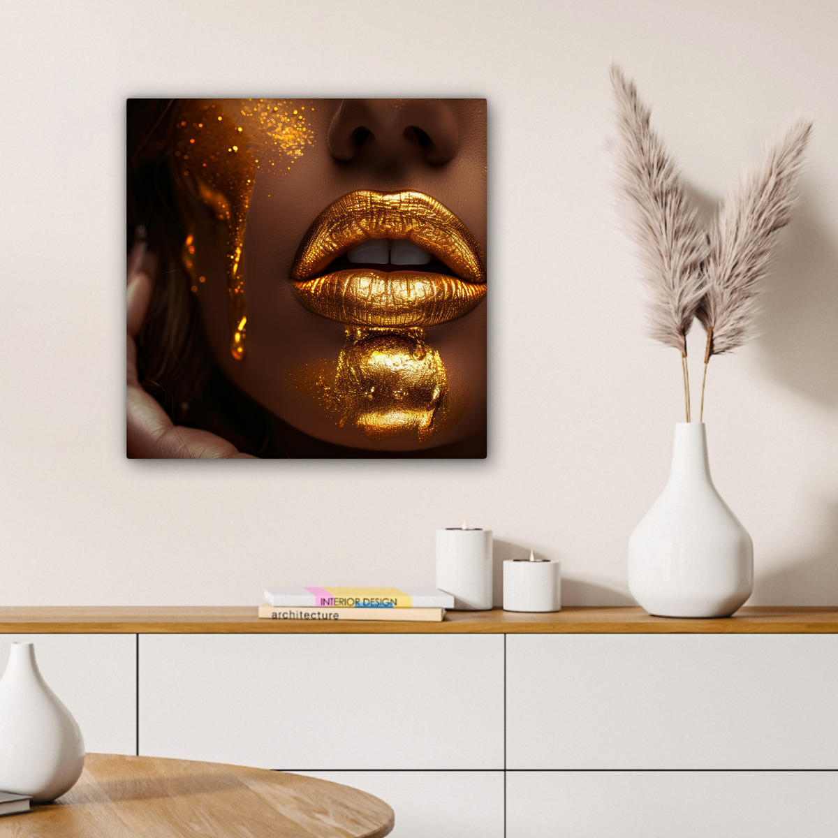 LEINWANDBILD Frau - Gold - Luxus - Porträt Wandbild Wohnzimmer 50x50 cm - Goldfarben, Textil (50/50cm) - MuchoWow