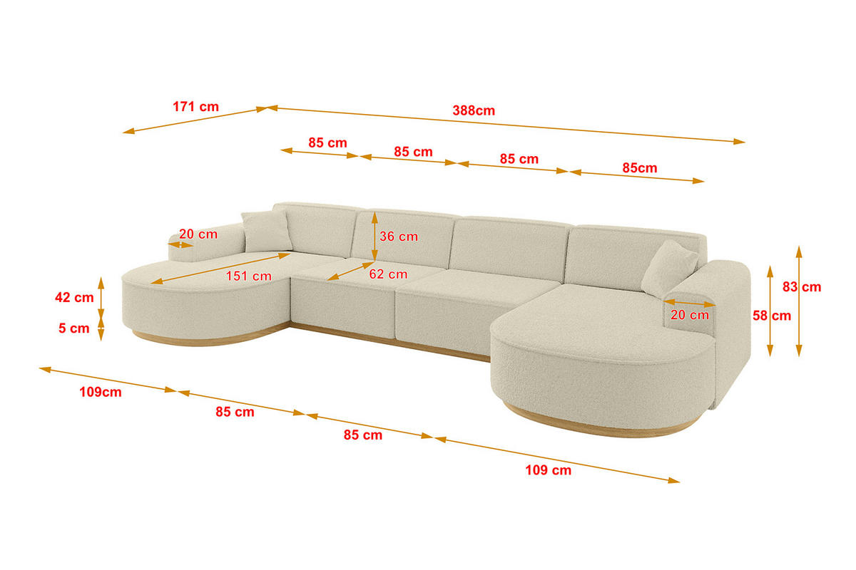 WOHNLANDSCHAFT MARI-U2-v2 - 388x171x83 cm Beige Bouclé - Beige, Holzwerkstoff/Textil (388/83/171cm) - ALTDECOR