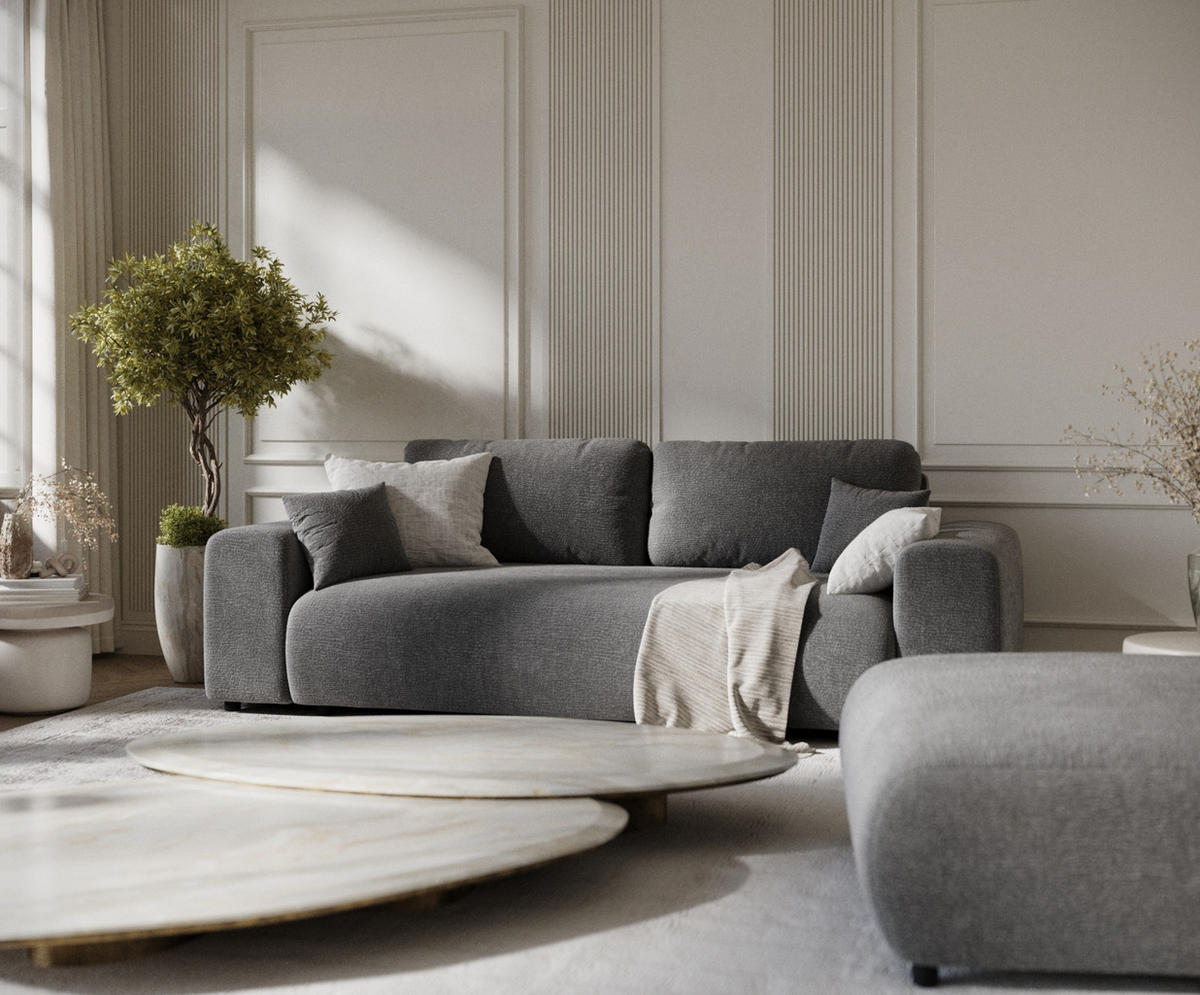 3-SITZER-SOFA Zanzibar Grau Chenille - Schwarz/Grau, Holz/Holzwerkstoff (213/79/108cm) - Maison de Reve