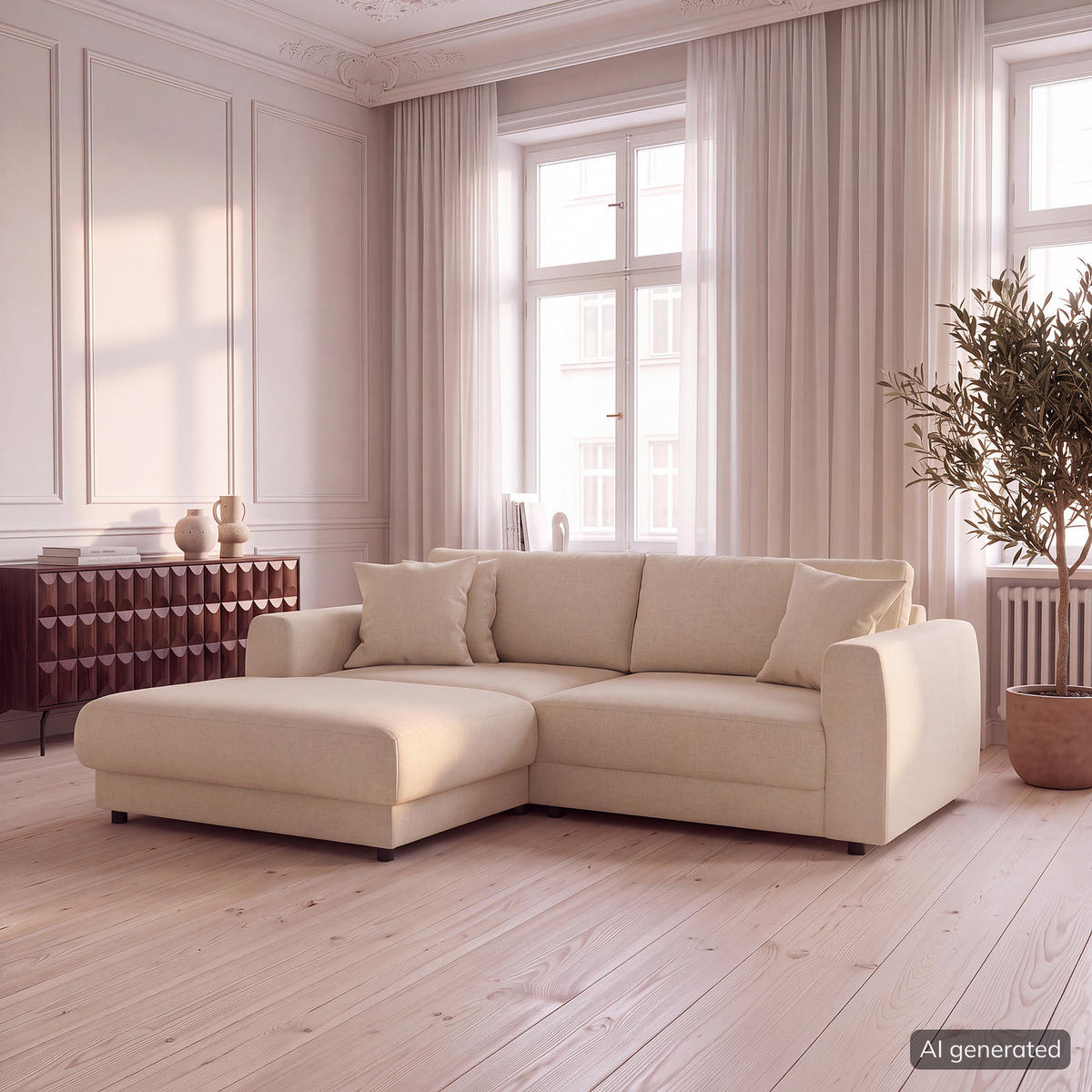 ECKSOFA mit Longchair - Beige/Schwarz, Holz/Kunststoff (238/183cm) - home24