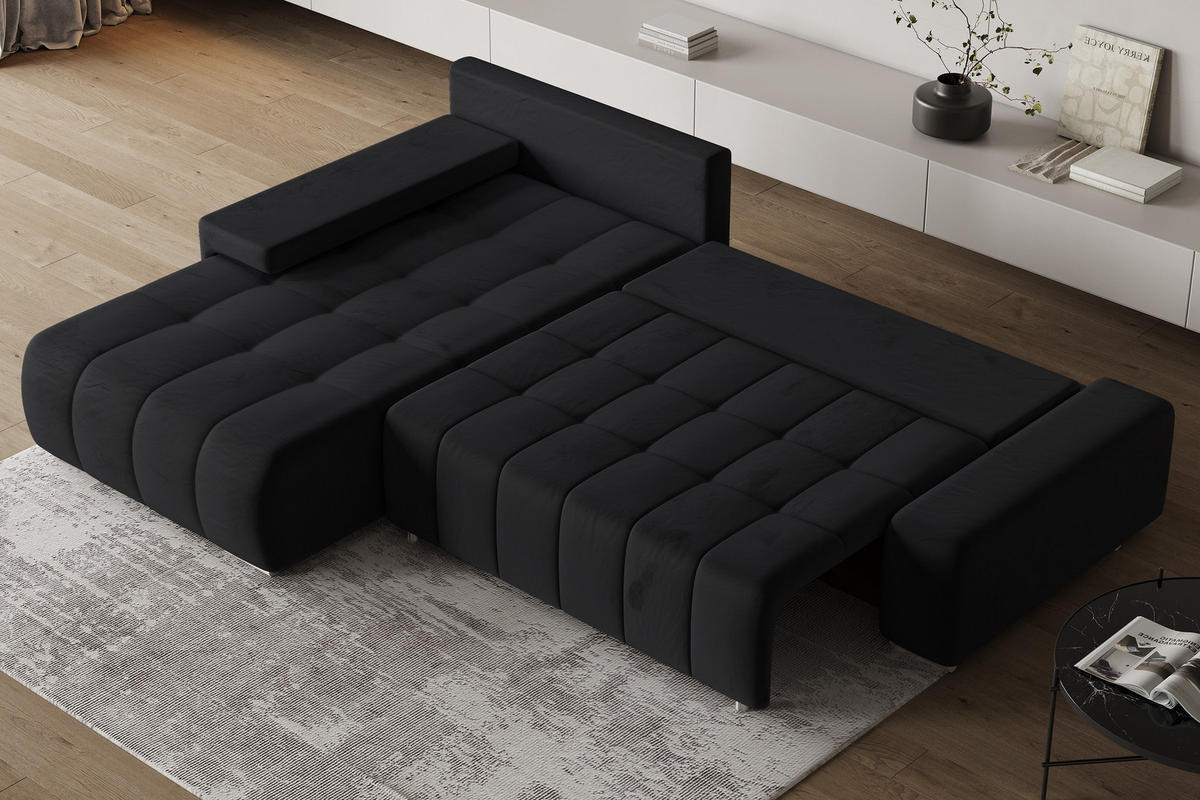 ECKSOFA ALESE L-S Schwarz Velours-Stoff mit Schlaffunktion - Schwarz, Holz (265/185cm) - MASSENO