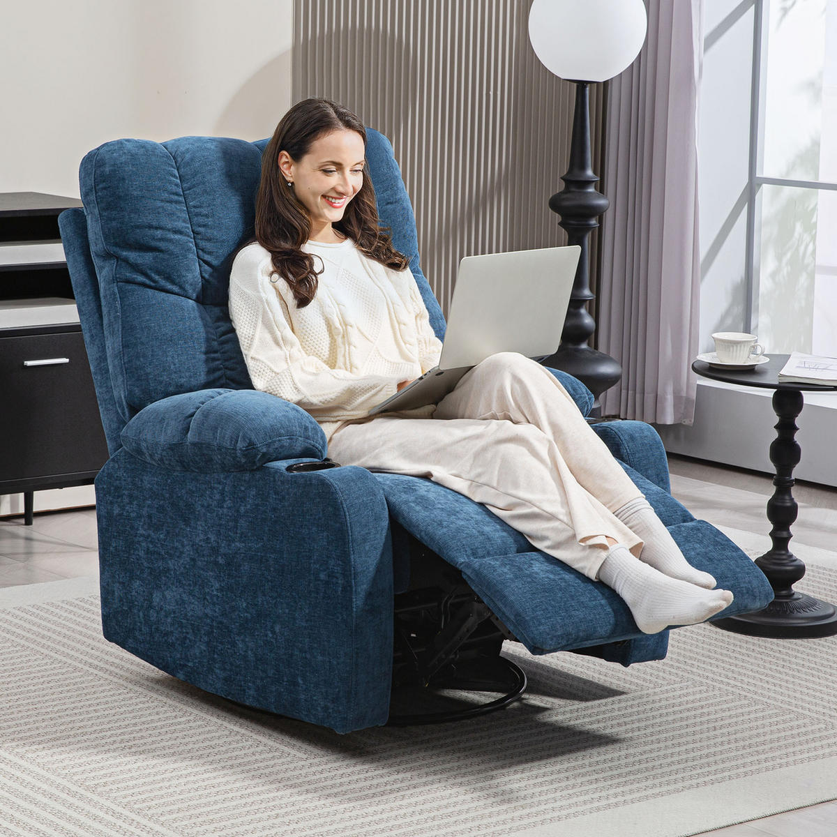 RELAXFÅTÖLJ Vridbar reclinerfåtölj med liggfunktion och gungfunktion, mörkblå - Svart/Mörkblå, Textil/Metall (96/108/88cm) - HOMCOM