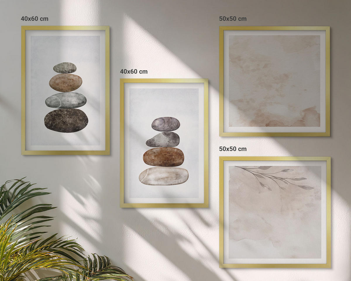 WANDBILDER 4er Set - 50x50 cm & 40x60 cm Goldrahmen - Steinstapel-Boho-Malerei - Goldfarben, Kunststoff (50/50cm) - ArtPrintCave
