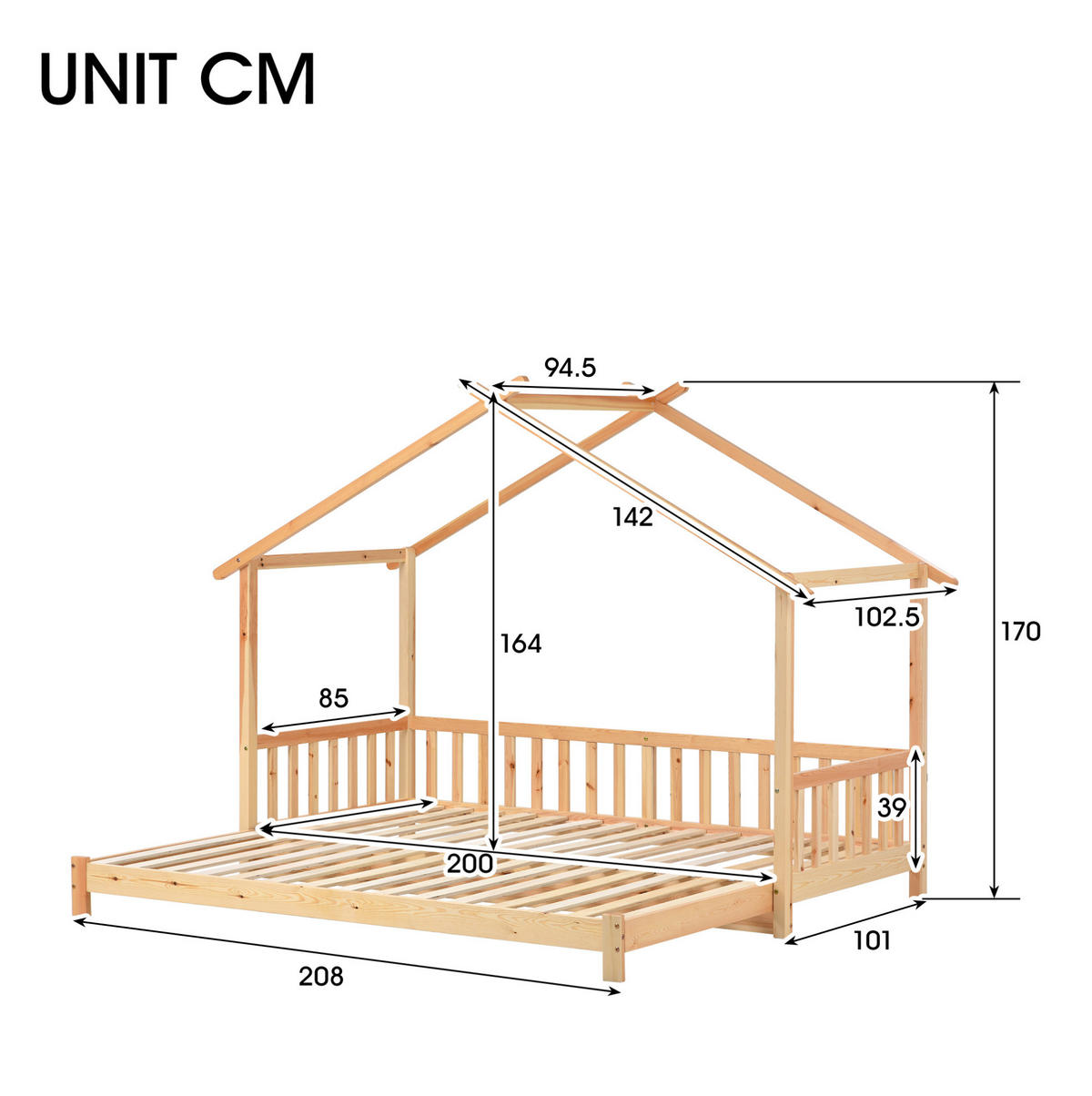 HAUSBETT 90/200 cm aus Kiefer massiv – ausziehbar von 90 auf 180/200 cm - Naturfarben, Holz (90/200cm) - BEAOK