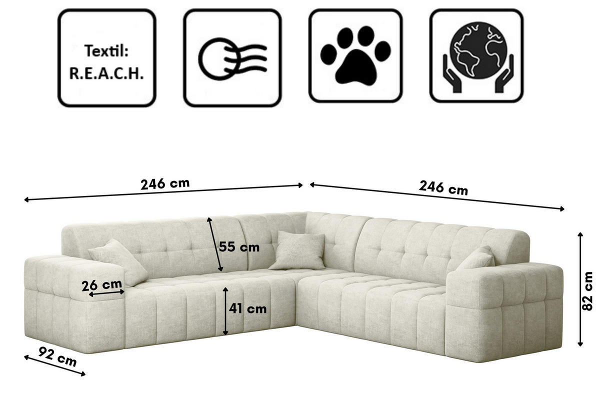 ECKSOFA Corner NIMES Stoff Perfect Harmony Creme - Creme, Holz (246/246cm) - Kaiser Möbel