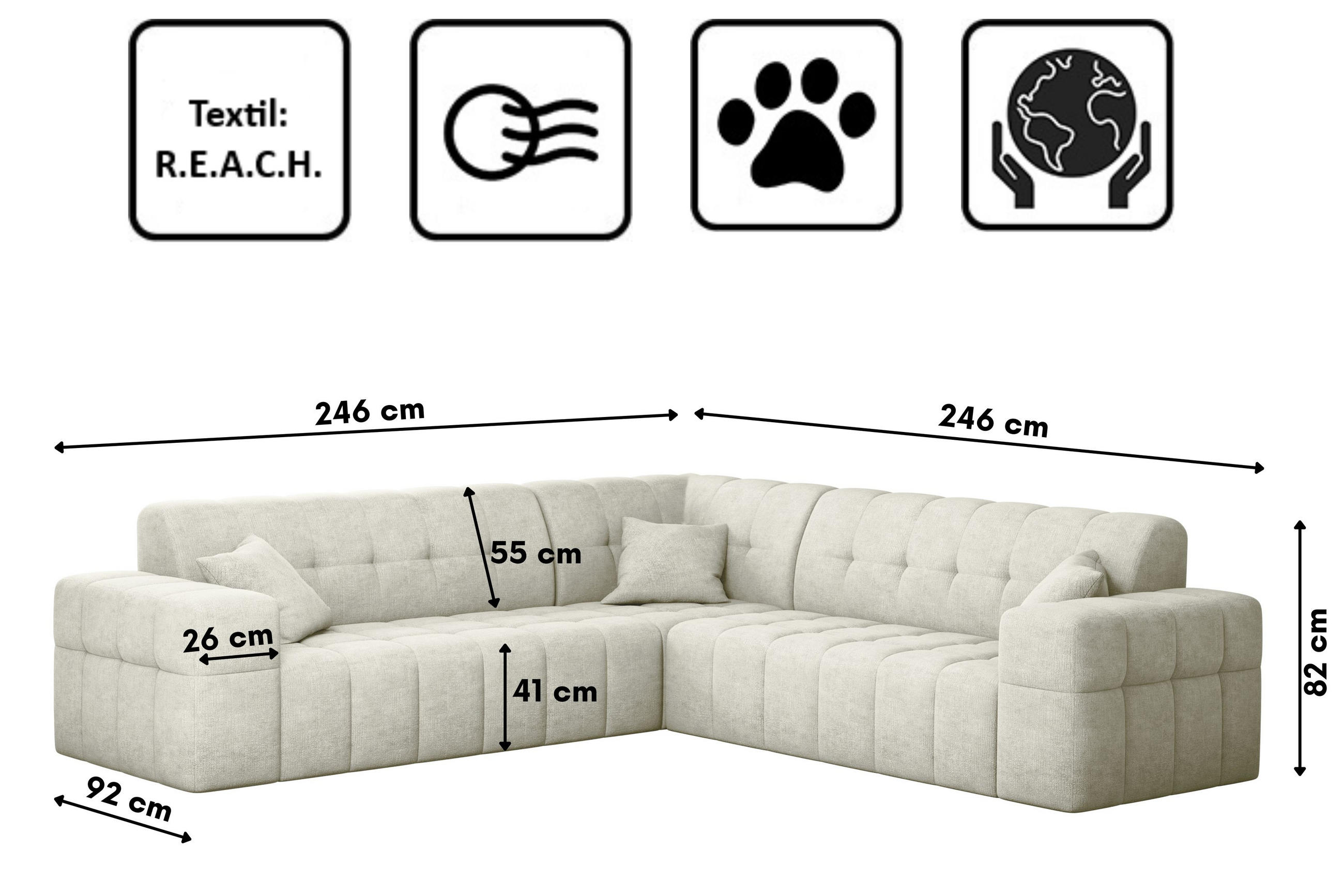 Thumbnail - Kaiser Möbel Ecksofa, Creme, Holz, L-Form,L-Form, 246x246 cm, Reach, Wohnzimmer, Sofas & Couches, Wohnlandschaften, Ecks...