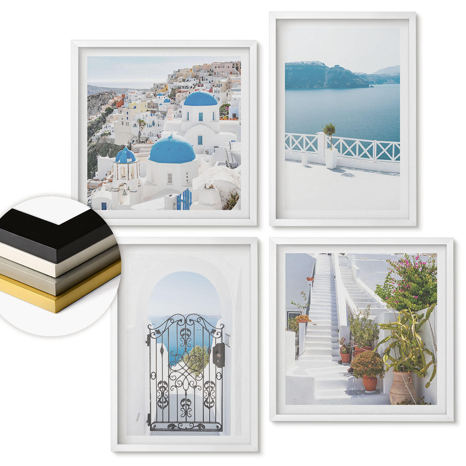 WANDBILDER 4er-Set - 50x50 cm & 40x60 cm Weißer Rahmen - Weiße Treppenpflanzen Meer - Weiß, Kunststoff (50/50cm) - ArtPrintCave