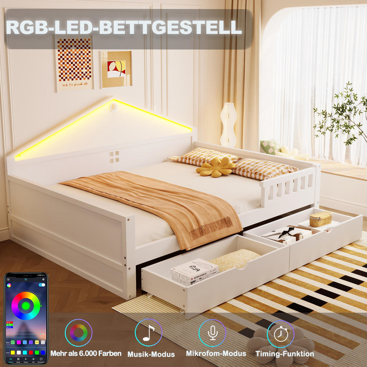 KINDERBETT 140/200 cm in Weiß mit Schubladen und LED - Weiß, Holz/Holzwerkstoff (140/200cm) - WISHDOR