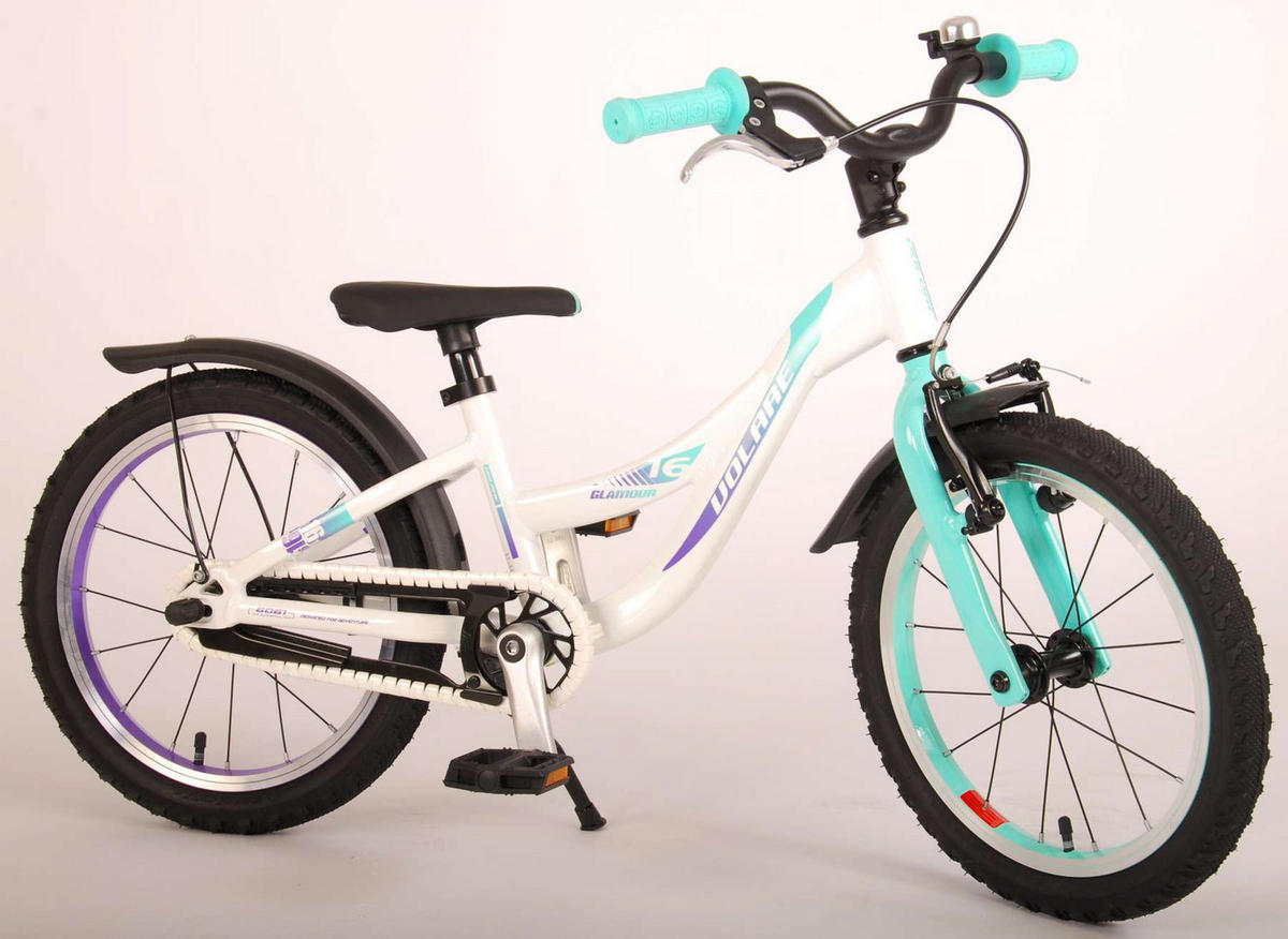 KINDERFAHRRAD Glamour - Mädchen - 16 Zoll - Rücktritt + Handbremse - Perlmutt Mintgrün - Weiß, Metall (56cm) - TPFSports