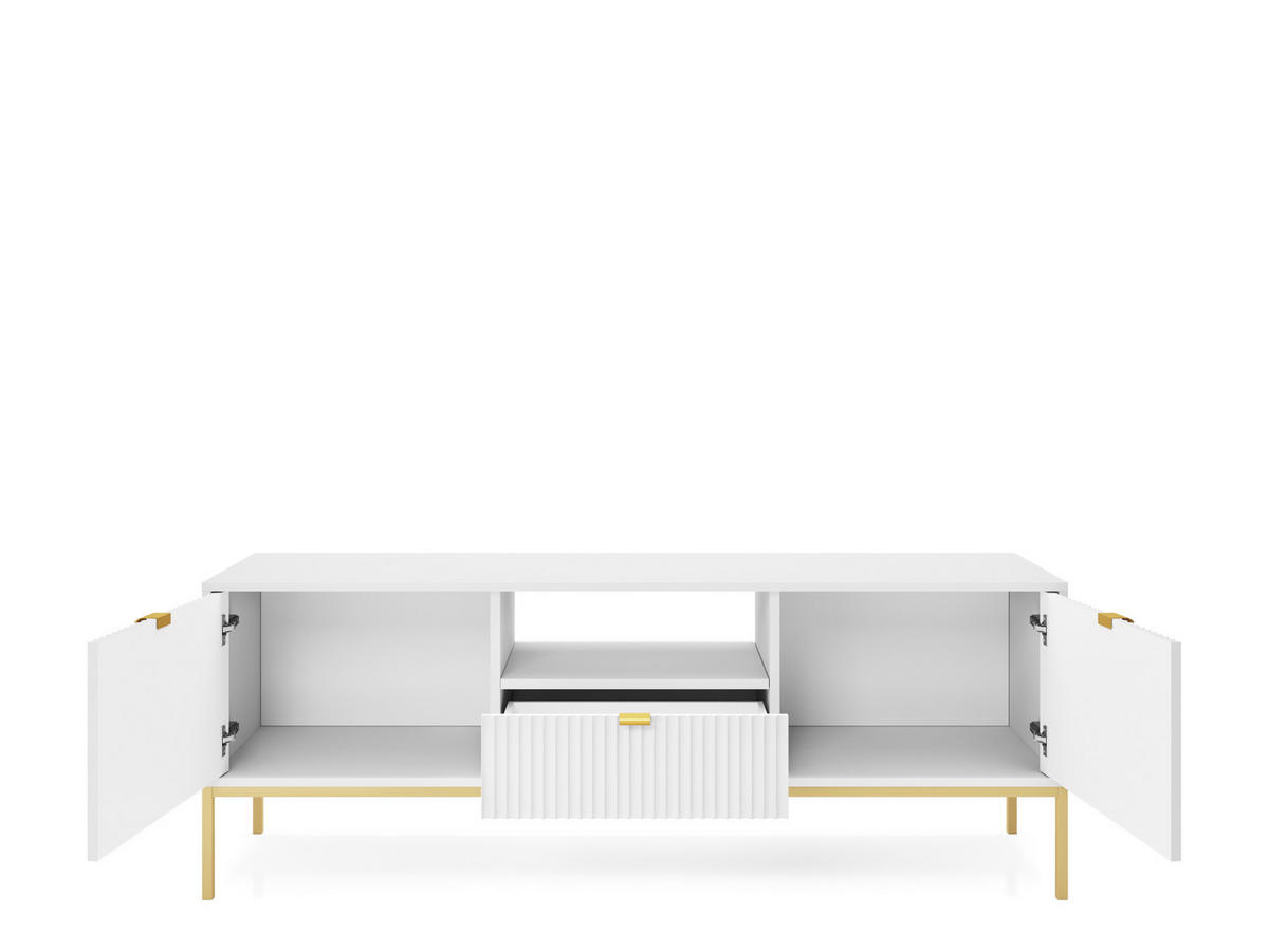 TV-SCHRANK NOVA Geriffelt Regal, 2 Türen, Schublade, Goldene Beine, 154x39x56cm, Weiß - Goldfarben/Weiß, Holzwerkstoff/Kunststoff (154/56/39cm) - DomoHome