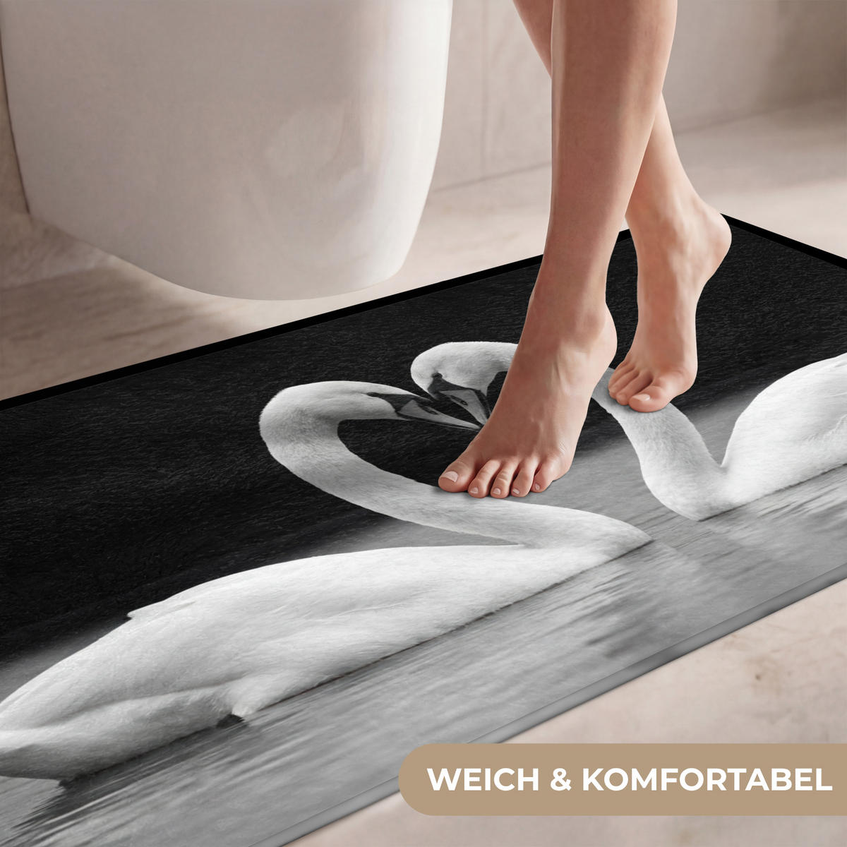 WC PŘEDLOŽKA Labutě - srdce - černá - bílá 120x60 cm - černá, textil/plast (120/1cm) - OnlyWow
