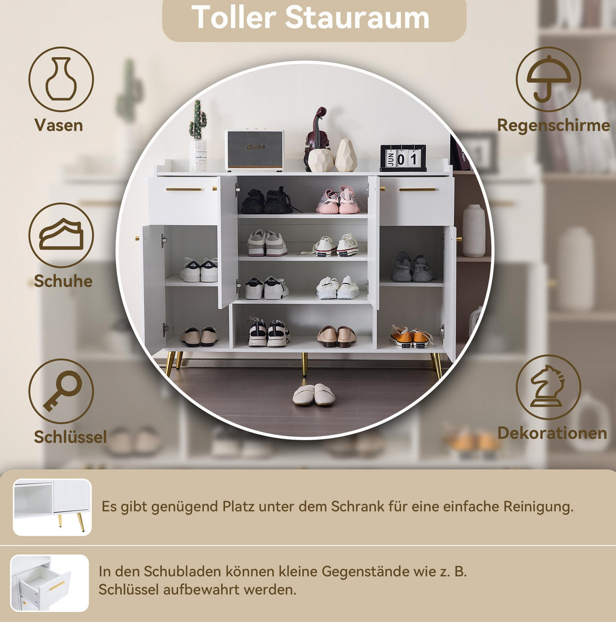SCHUHSCHRANK 130/37/100 cm in Weiß mit 2 Schubladen und 4 Türen - Weiß, Holzwerkstoff (130/100/37cm) - BEAOK