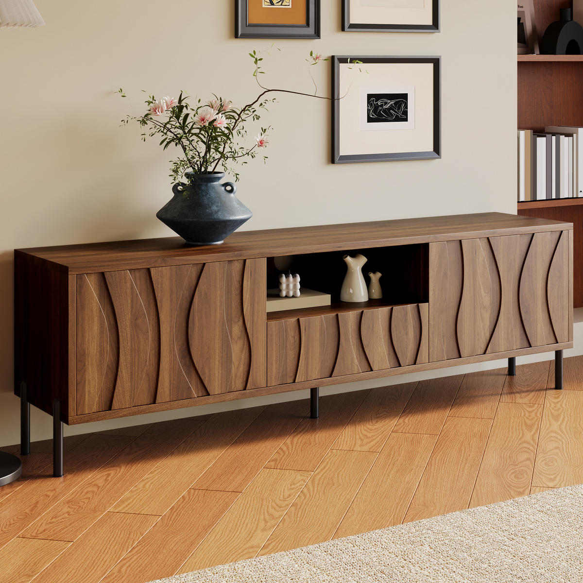 TV-SCHRANK aus MDF 160x35x46 cm Natur mit Kabeldurchführung und Stauraum, wellenförmiges Türdesign - Naturfarben, Holzwerkstoff (160/46/35cm) - Modfu