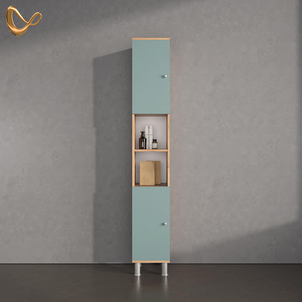 BADSCHRANK Fucino Goldkraft Eiche 30 x 190 cm - Eiche Wotan/Braun, Holzwerkstoff (30/190/30cm) - Livinity®