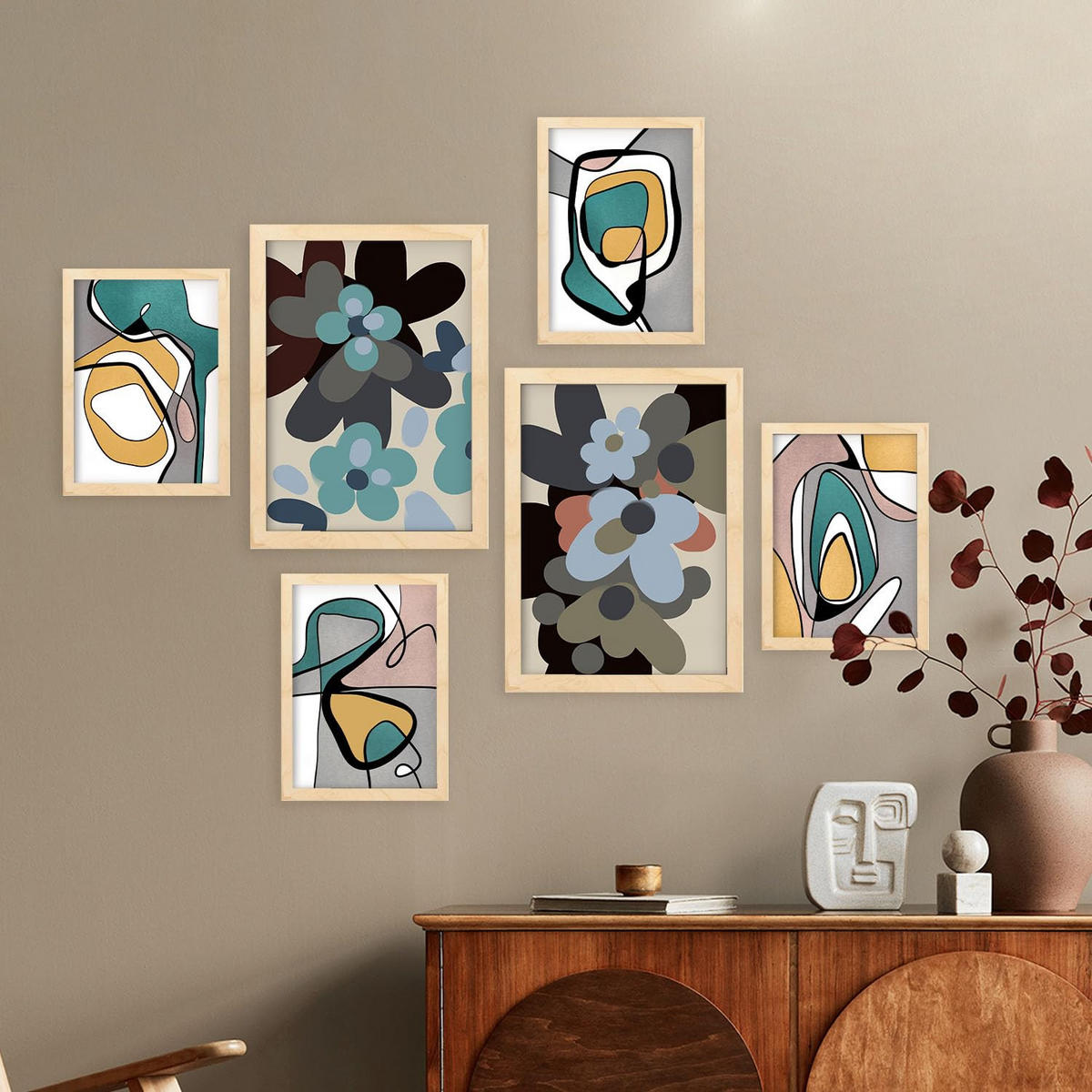 POSTER Set Mit 6 Hodgepodge Blume In Blume Zusammenfassung Ästhetische Dekorative Gemälde Für Ihr Wohnzimmer Zuhause A3 & A4 Rahmen Aus Hellem Holz - Beige, Papier (29/3cm) - Nacnic