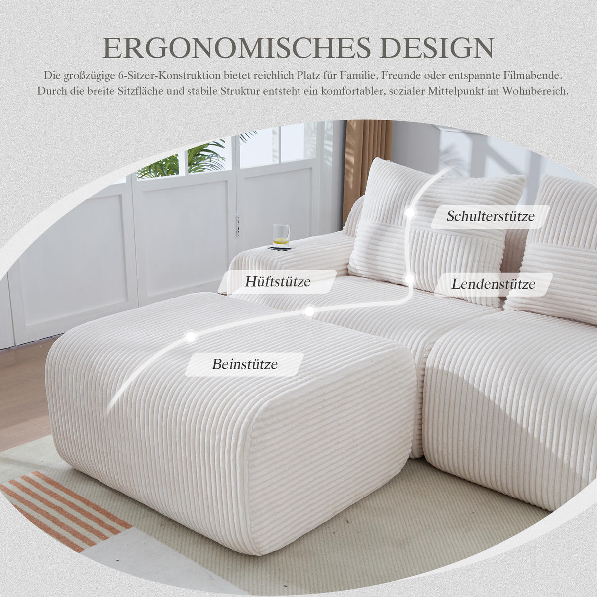 WOHNLANDSCHAFT Cord 4-Sitzer mit 2 Hockern und Getränkehalter 333/174/80 cm Beige - Beige, Textil (174/80/333cm) - Redom