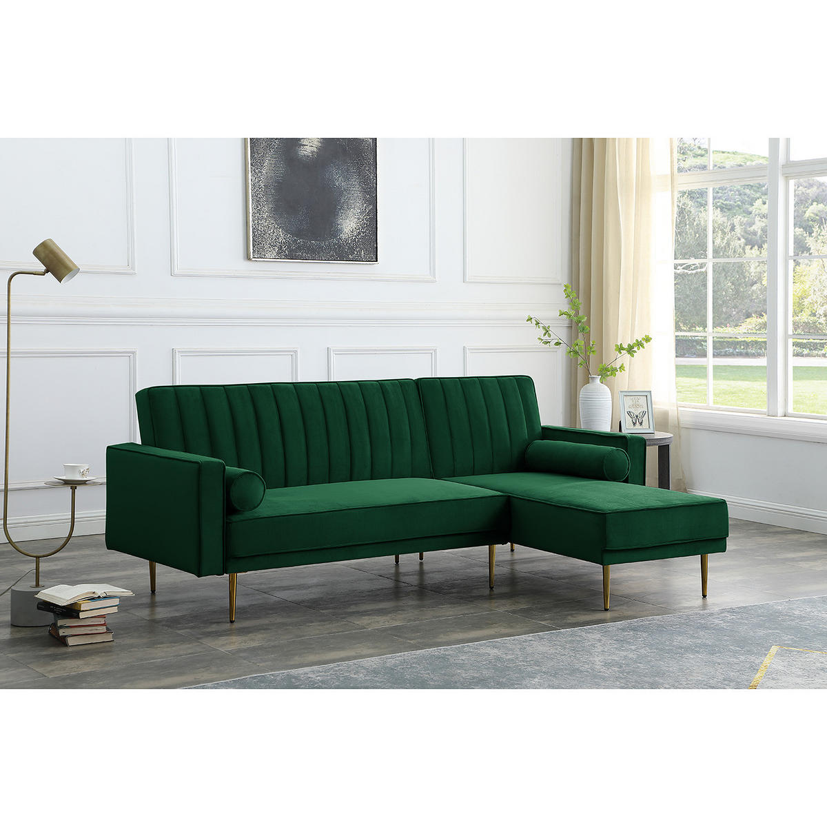 ECKSOFA mit Schlaffunktion - Samt - Dunkelgrün/Goldfarben, Textil/Metall (223/144cm) - home24