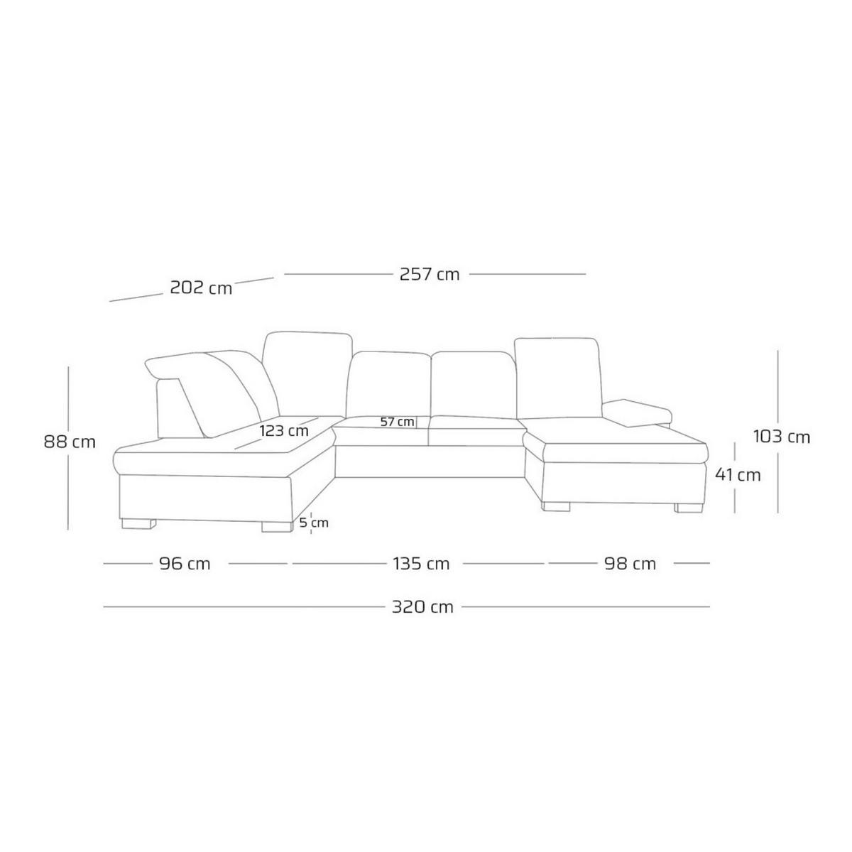 ECKSOFA U-Form OLIVIA U Links mit Schlaffunktion 124x257 Velours Grau - Silberfarben/Grau, Holz/Kunststoff (320/103/202cm) - Muffo