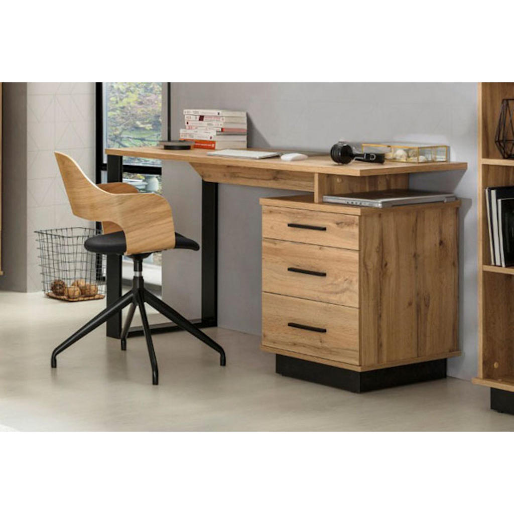 Thumbnail - Feldmann-Wohnen Schreibtisch, Braun, Schwarz, Holz, 1 Fächer, 3 Schubladen, Rechteckig,Rechteckig, 135x75x56 cm, Arbeits...