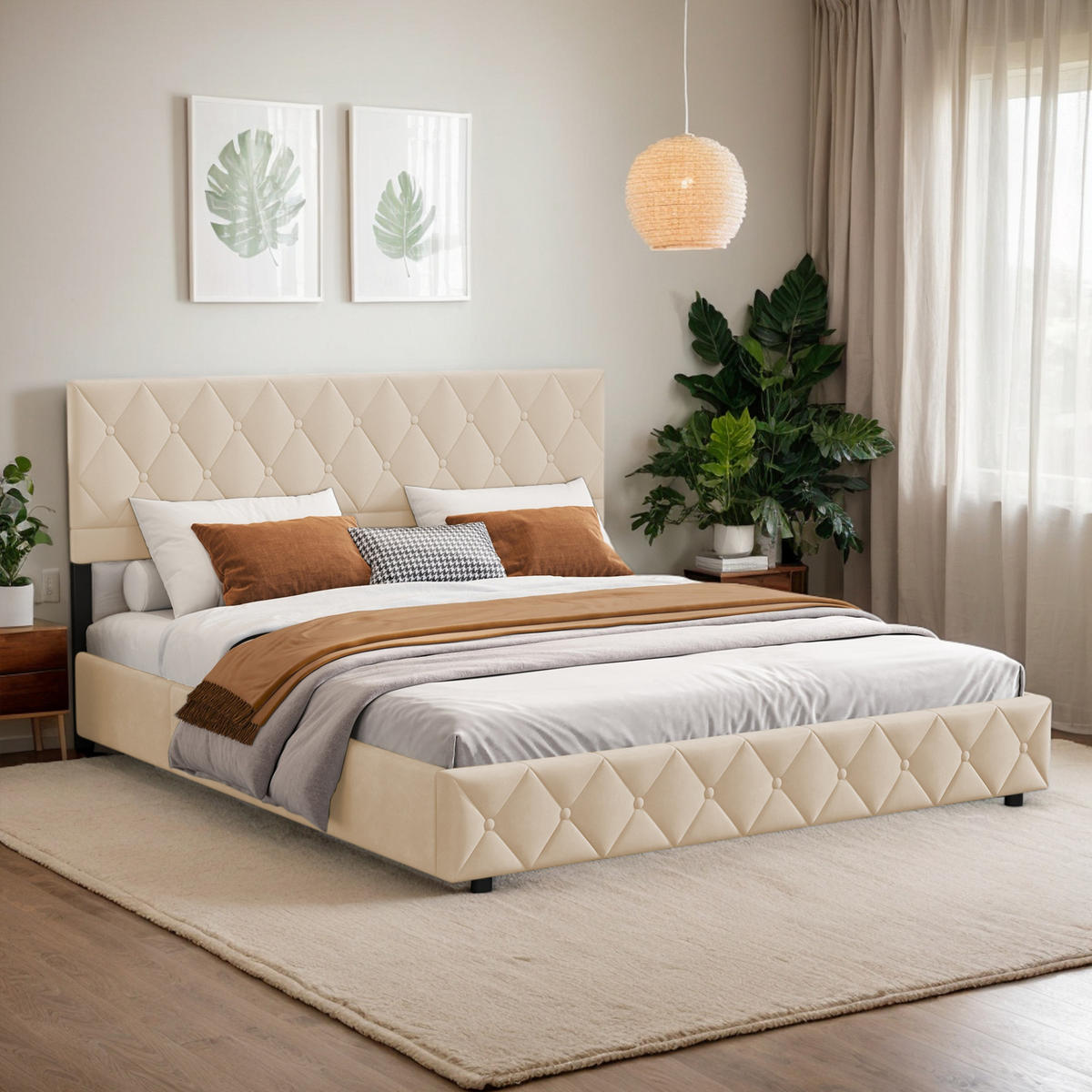 POLSTERBETT 140/200 cm in Beige Samt mit Bettkasten, hydraulischem Doppelhub-System und Lattenrost - Beige, Holzwerkstoff/Textil (140/200cm) - CHICFURN