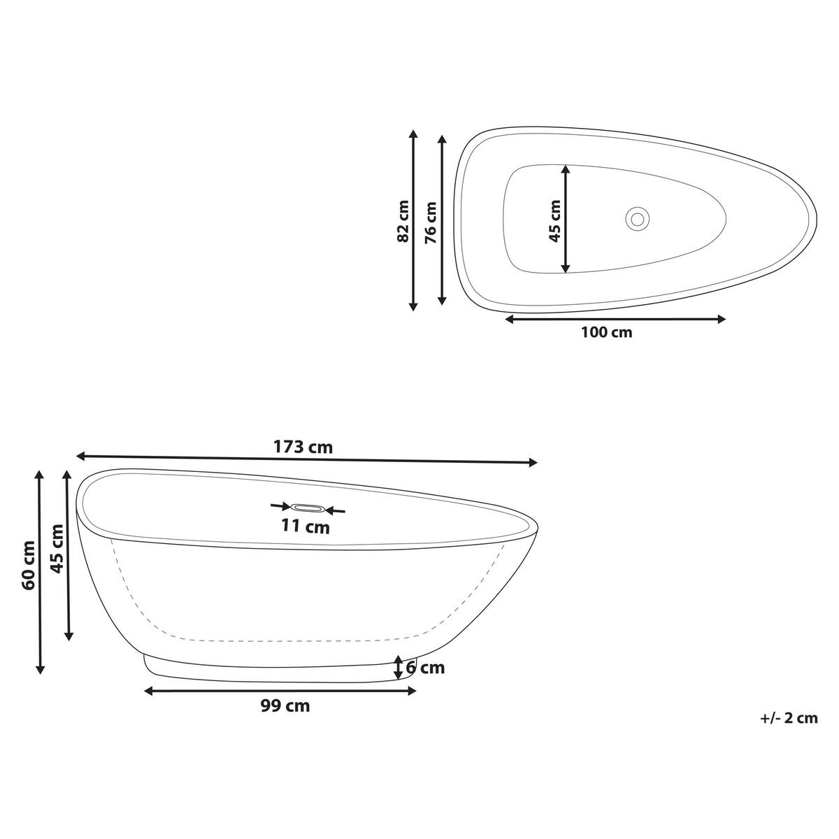 BADEWANNE FREISTEHEND 82x173x60 cm schwarz Guiana - Schwarz, Kunststoff (82/60/173cm) - Beliani