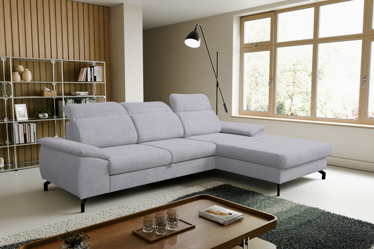 ECKSOFA MALIBU mit Schlaffunktion und Bettkasten, Farbe: Helgrau, Velourstoff, Ottomane Rechts - Hellgrau, Textil (276/184cm) - VENASI MÖBEL