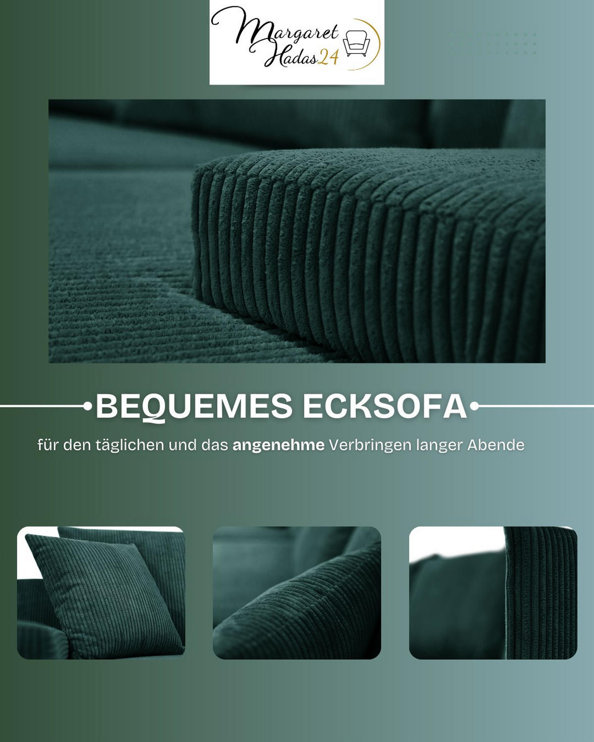 ECKSOFA Lauren L- Form 246 x 188 cm, 4 Sitzer, Bettzeugablage, Sofa, Eckcouch, Cord, linke Seite, grün - Grün, Kunststoff (188/246cm) - Margaret Hadas24