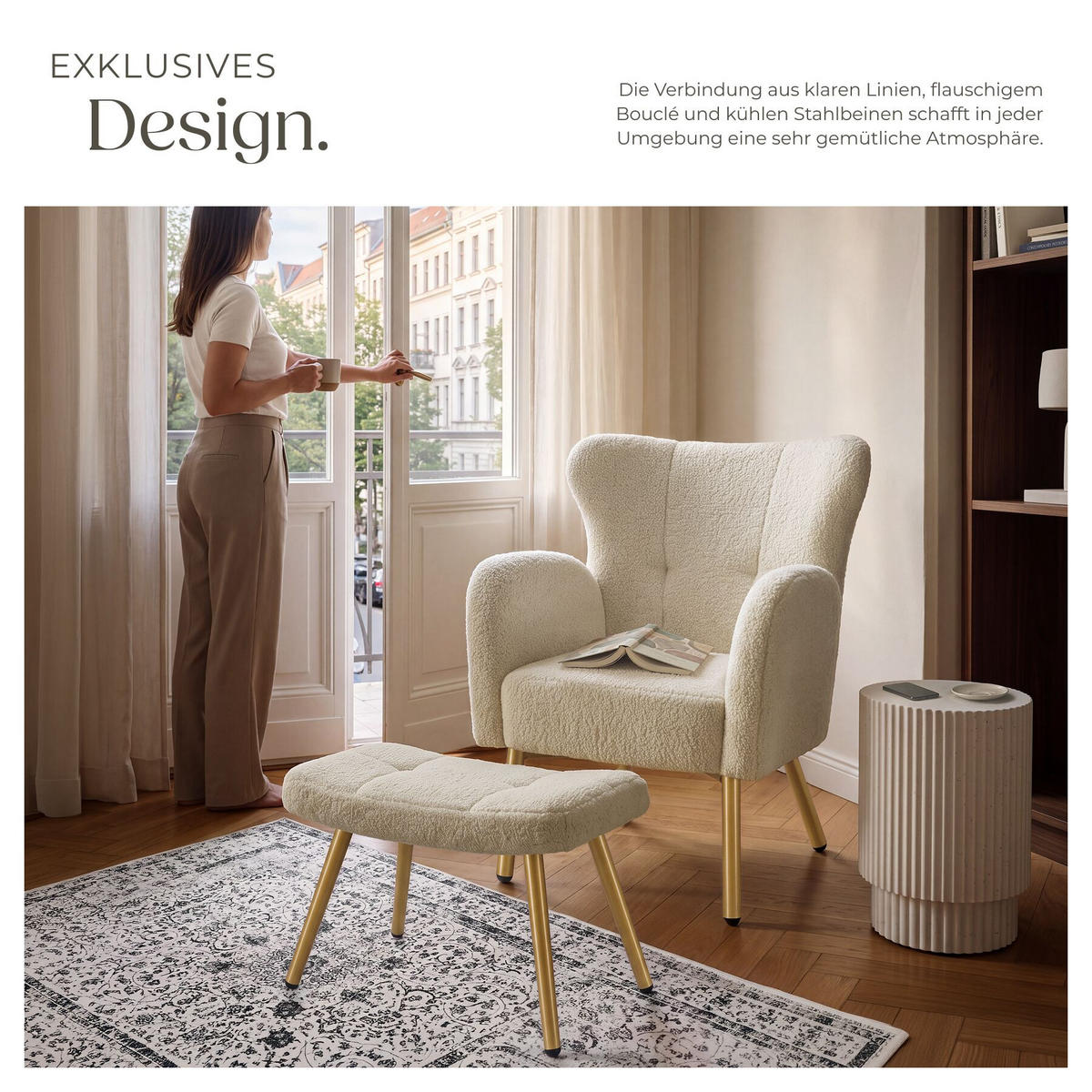 SESSEL MIT HOCKER Vänersborg, Belastbarkeit 120 kg, Bouclé creme/gold - Goldfarben/Creme, Kunststoff (72/92/71cm) - tectake