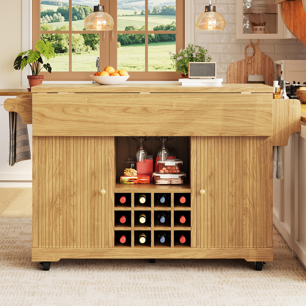 KÜCHENINSEL Weinregal Stauraum Naturbraun - Naturfarben, Holzwerkstoff (142.5/95/80cm) - FLIEKS