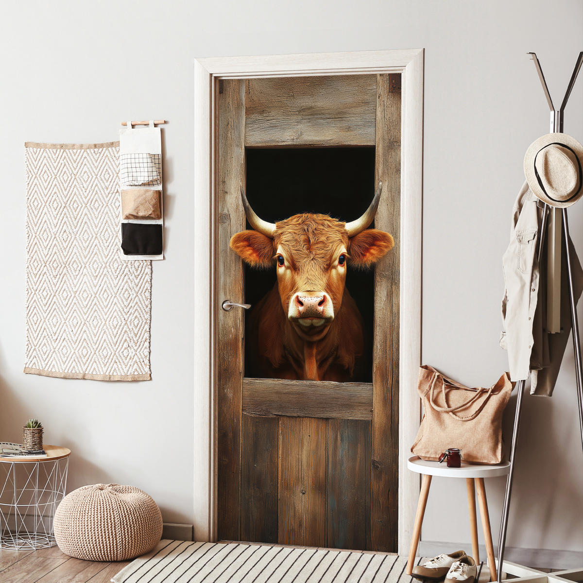 TÜRAUFKLEBER Kuh - Fenster - Holz - Tiere Wanddeko 90x205 cm - Türtapete - Wengefarben, Kunststoff (90/0.1cm) - MuchoWow