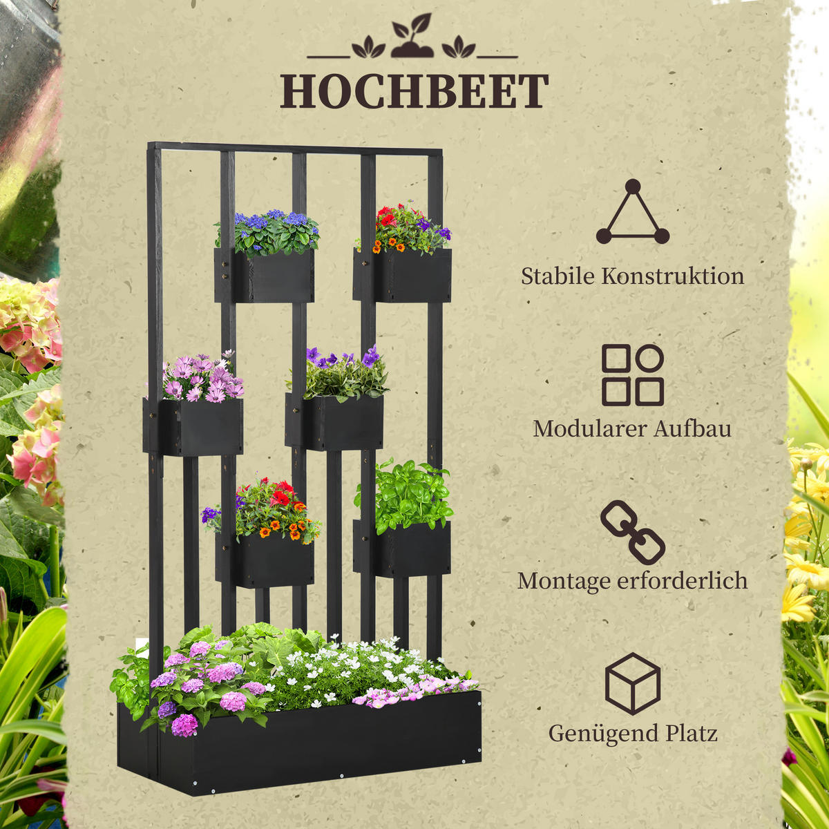 BLUMENKASTEN, Tannenholz, Schwarz - Schwarz, Holz (45/170/90cm) - Outsunny